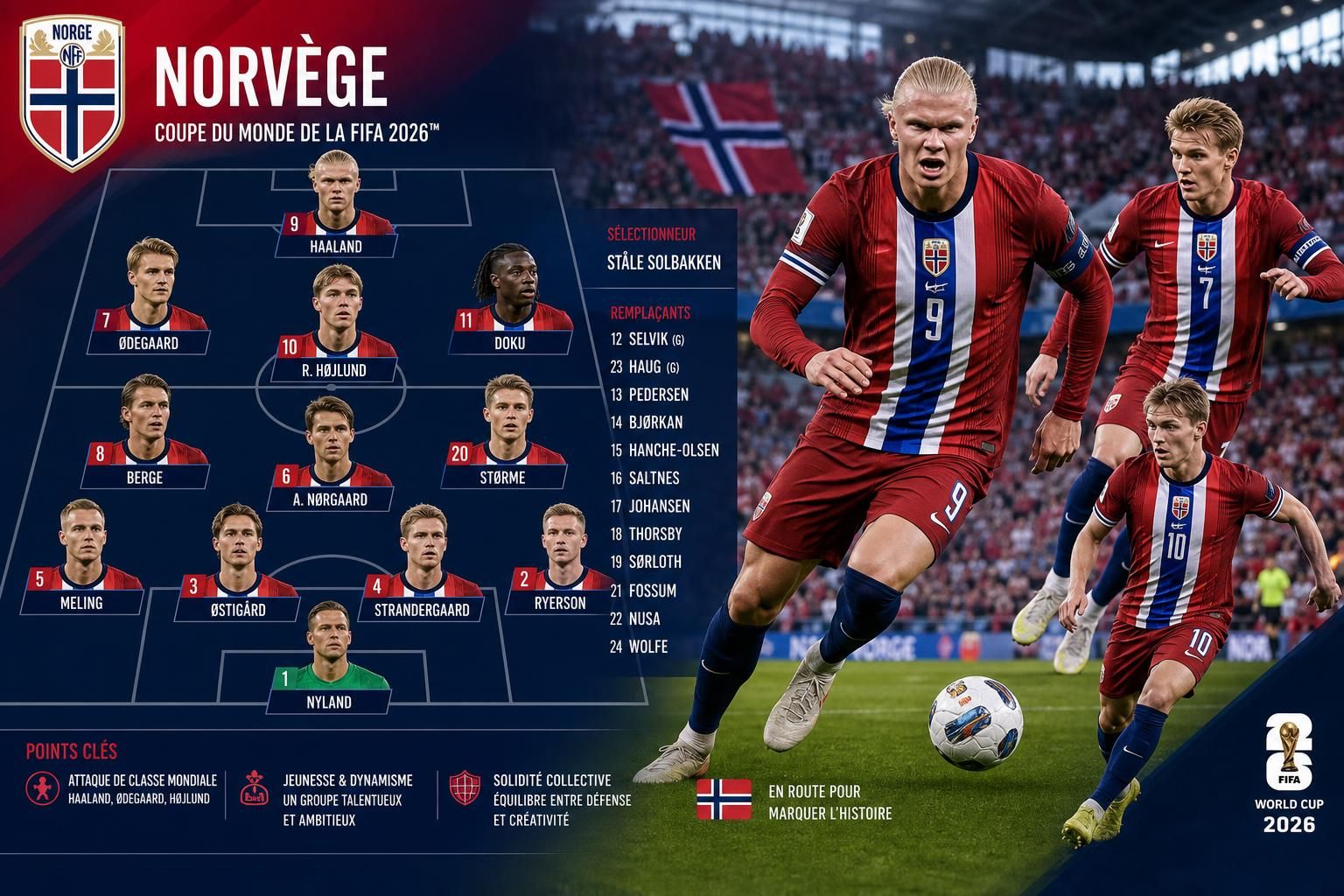 découvrez la composition complÚte de l'équipe de norvÚge pour la coupe du monde 2026, avec un aperçu détaillé des joueurs clés et leurs performances.