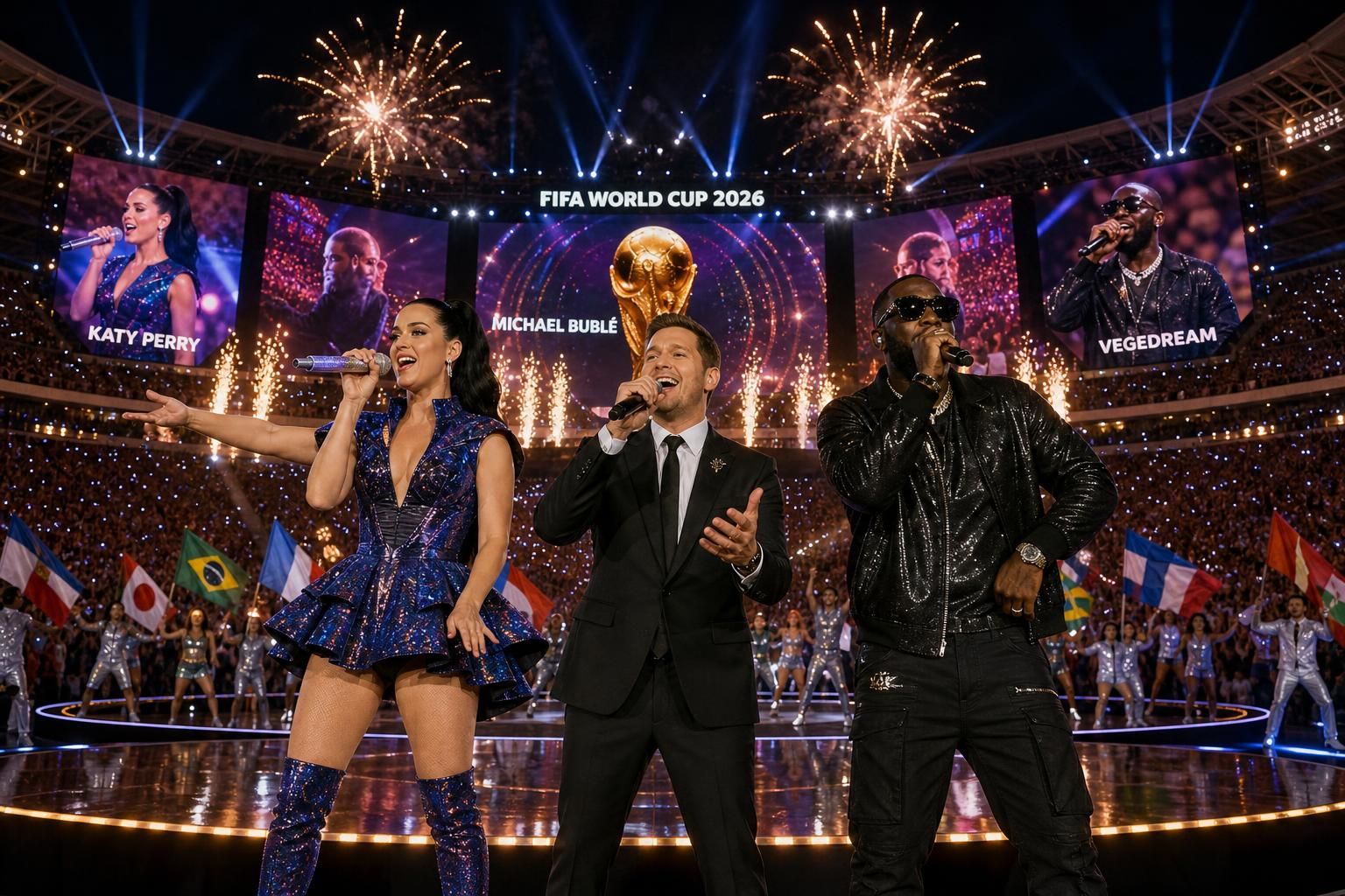 découvrez les grandes stars comme michael bublé, katy perry et vegedream qui animeront la coupe du monde 2026, ainsi que les projets spectaculaires de la fifa pour les trois prochaines éditions du tournoi.