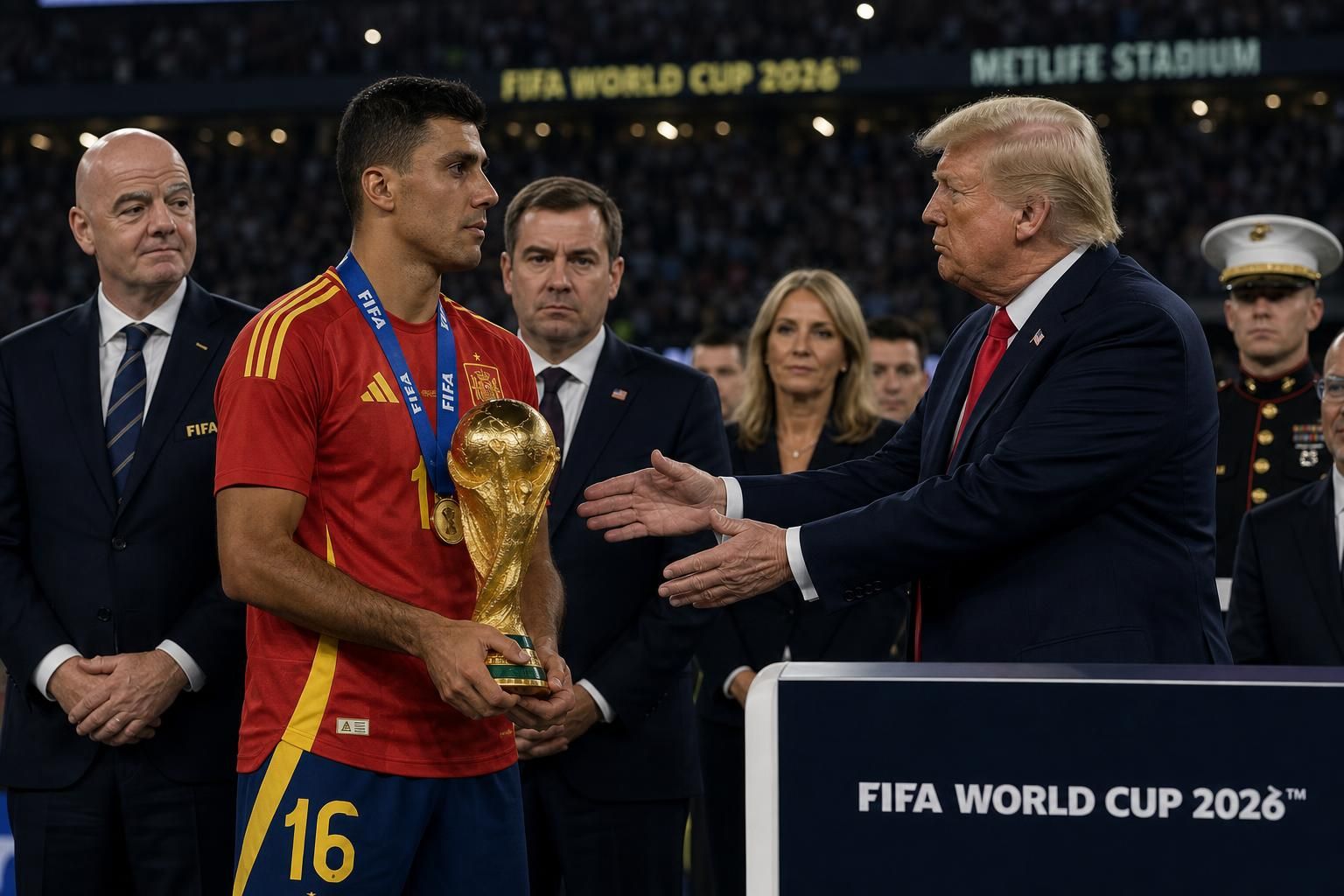 lors de la coupe du monde 2026, rodri interpelle donald trump et lui demande de quitter la scène lors de la remise du trophée, créant un moment inédit et marquant.