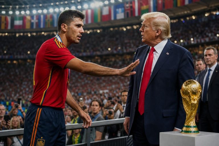 lors de la remise du trophée de la coupe du monde 2026, rodri interpelle donald trump et lui demande de quitter la scène, créant un moment fort et inattendu.