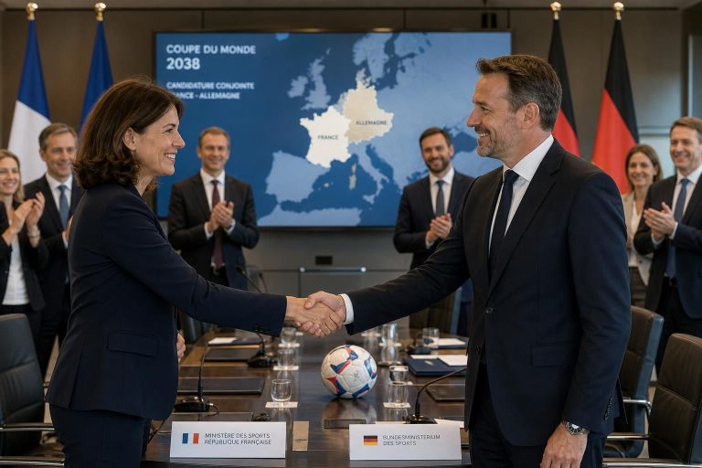 la france et l'allemagne préparent une candidature commune pour organiser la coupe du monde 2038, selon l'annonce officielle de la ministre des sports.